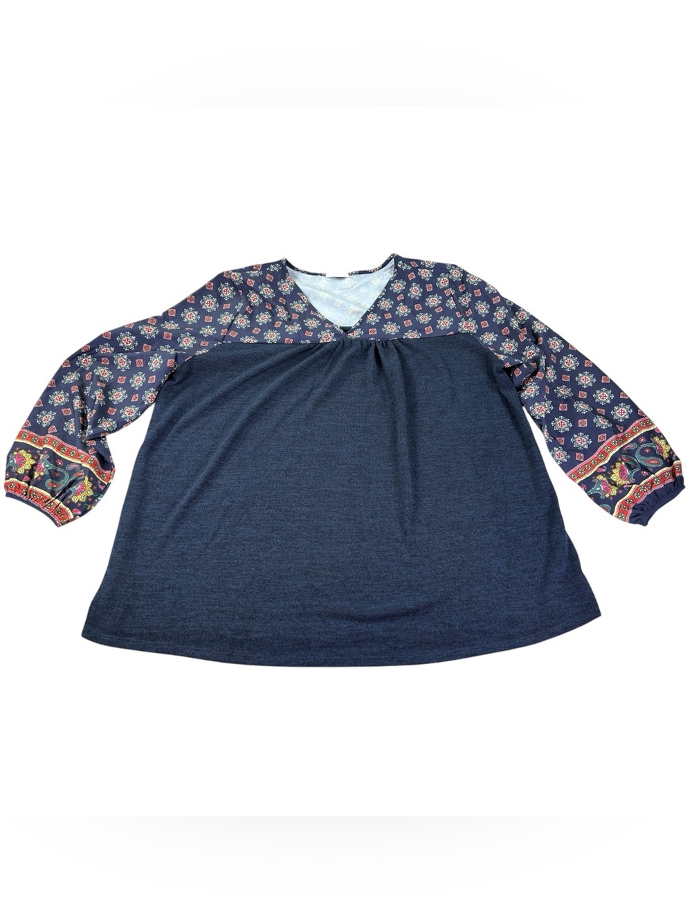 Chic Soul Plus Size 3X Navy Paisley Babydoll Blouse Boho Medallion Peasant Top